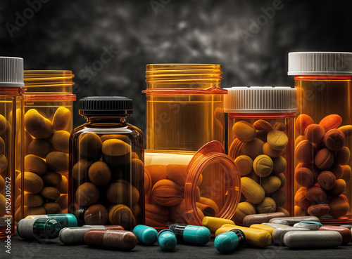 Assorted prescription medications in various containers, ready for dispensing.