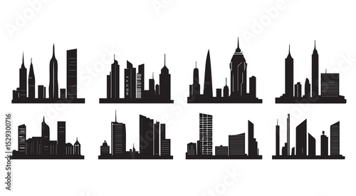 Eight Black City Skylines Diverse Building Architecture