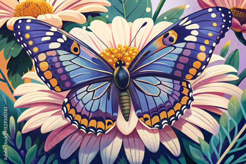 Vector illustration of a butterfly delicately resting on a blooming flower under warm summer light perfect for seasonal, floral, and nature-themed designs