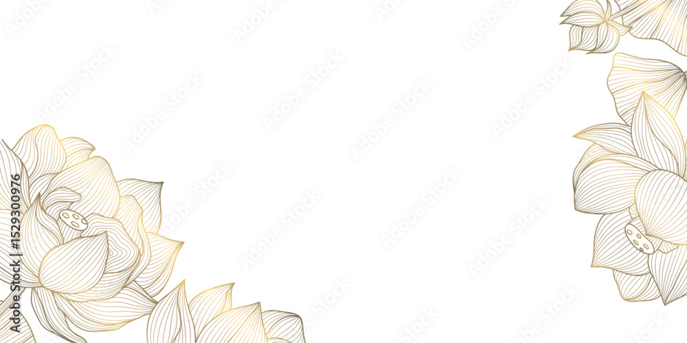 Vector lotus flower line frame, golden floral asian pattern. Wedding luxury line design, oriental spring decor, ornament.