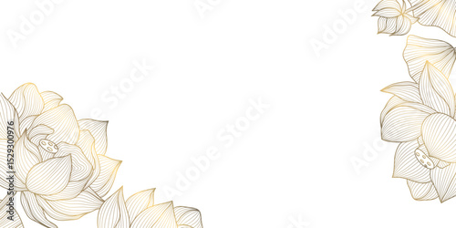 Vector lotus flower line frame, golden floral asian pattern. Wedding luxury line design, oriental spring decor, ornament.