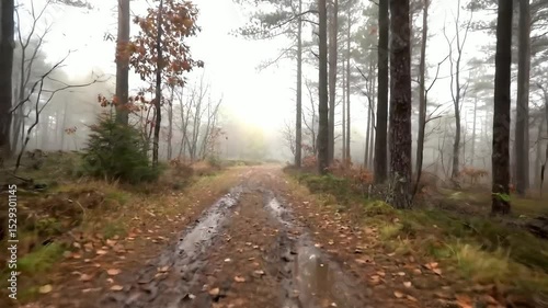 POV Walk Down Muddy Trail in Autumn Pine Forest with Soft Morning Fog – Atmospheric & Immersive Nature Footage for Storytelling