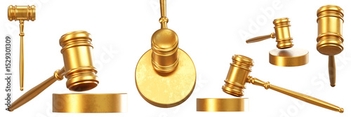 gold gavel set judge hammer 3D rendering