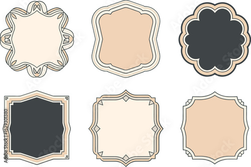 Classic shape label pack. Beige and charcoal templates with floral and vintage style curved outer frame shapes  
