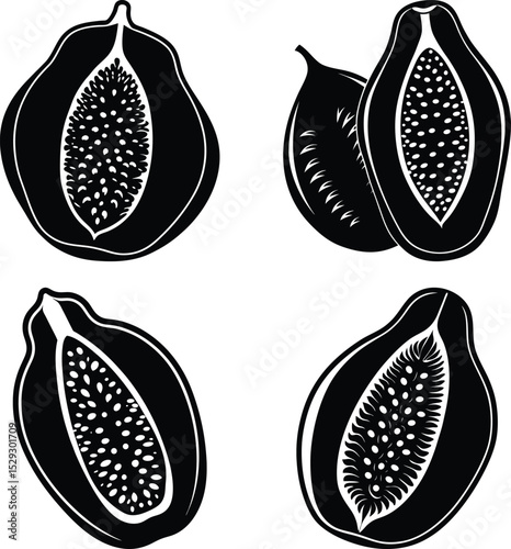 Black and white silhouette of papaya vegetable icon silhouette with leaf isolated on transparent background
