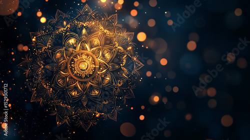 Radiant golden mandala graces a deep, shadowed canvas, its ornate petals glowing softly amidst shimmering bokeh lights, evoking elegance and serene mystique.