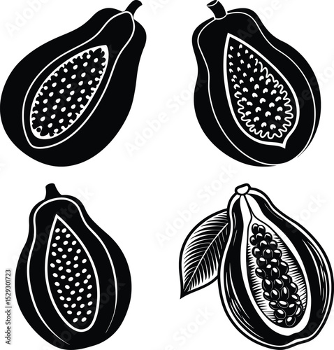 Black and white silhouette of papaya vegetable icon silhouette with leaf isolated on transparent background
