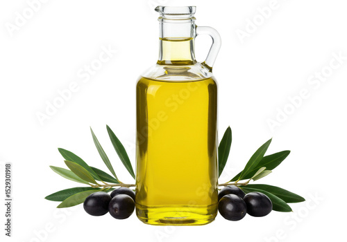 Olive oil in a glass bottle surrounded by olives and leaves on a white background