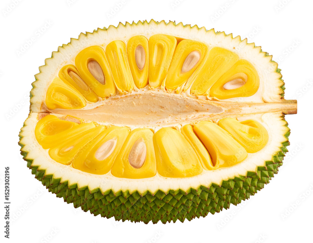 Fototapeta premium “Half-Cut Jackfruit with Exposed Yellow Flesh and Seeds, Isolated PNG”.