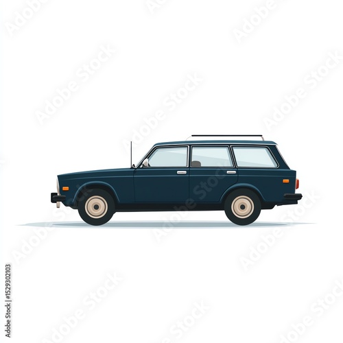 Classic Station Wagon Side View Illustration, Dark Blue Retro Vehicle Design