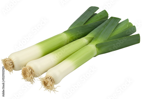 Freshly harvested leeks arranged neatly on a white background, ideal for culinary use
