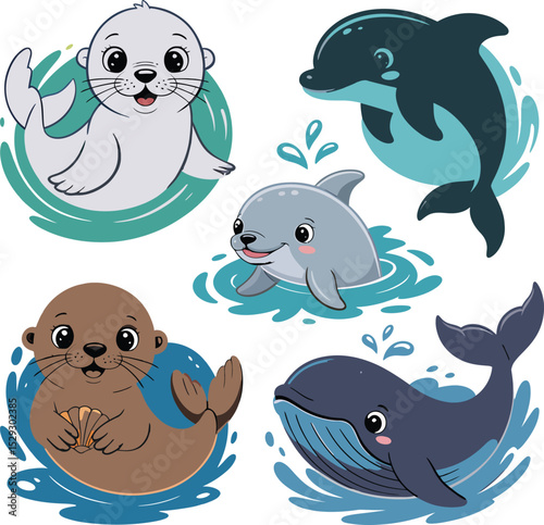 Adorable cartoon sea creatures collection featuring whales dolphins seals and water elements