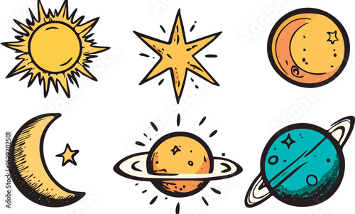 Hand drawn colorful set of celestial bodies sun moon stars and planets isolated on white background vector illustrations for astronomy astrology horoscopes and space exploration designs