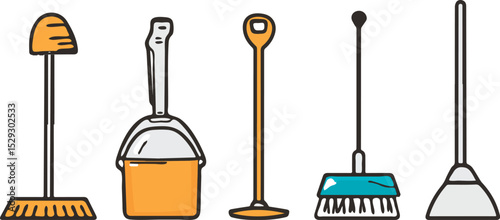 Cleaning tools vector set dustpan broom bucket and mop isolated on white background ideal for cleaning service and housekeeping concepts