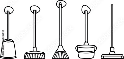 Cleaning tools doodle vector illustration set isolated on white background dustpan broom bucket and mop simple cleaning service icons housework equipment symbols cleaning company logo design elements