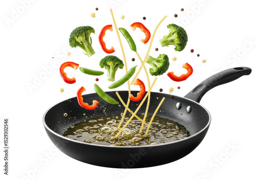 Colorful vegetables and spaghetti splashing in a frying pan, vibrant cooking scene
