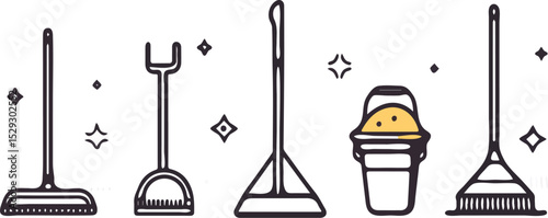 Cleaning tools set vector illustration isolated on white background cleaning supplies bucket broom dustpan and brush concept for web design banner poster and print design