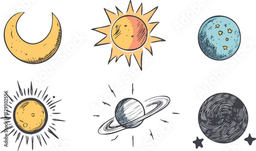 Hand-drawn celestial bodies Sun Moon Stars and Planets vector illustration set isolated on white background design elements for astronomy astrology space exploration and cosmic themes