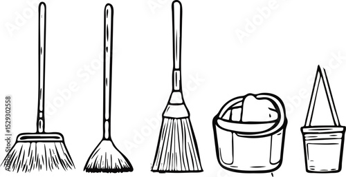 Hand drawn vector illustration set of cleaning tools including brooms, bucket, and pail, perfect for housekeeping and cleaning service-related designs