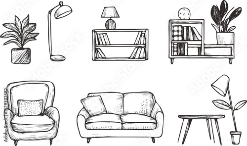 Hand drawn furniture set vector illustration isolated on white background armchair sofa floor lamp table bookshelf with books and plants for interior design decoration concept
