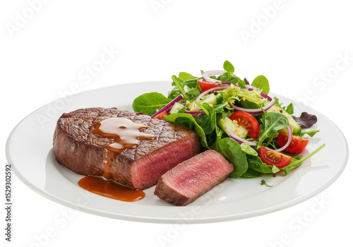 A perfectly cooked steak served with a fresh garden salad on a white plate