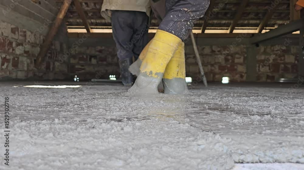 Authentic real life people workers in yellow boots leveling freshly ...