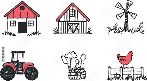 Farmhouse barn windmill tractor hay bale and chicken vector illustration set isolated on white background concept for print web design banner poster sticker card and textile design