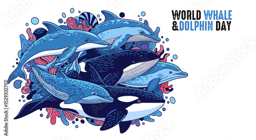 Colorful poster illustration of whales and dolphins for World Whale and Dolphin Day  