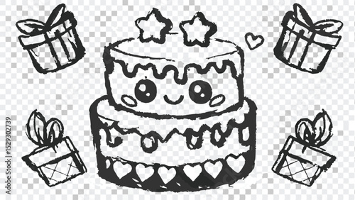 Hand drawn birthday cake with stars and hearts surrounded by four gift boxes sketch style