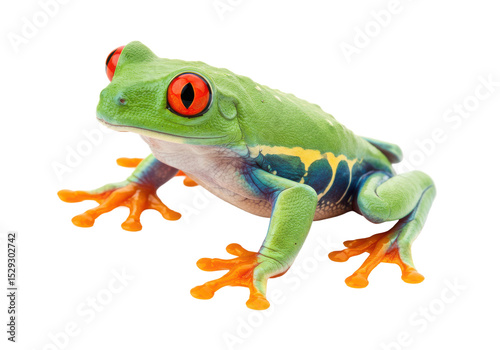Vibrant red-eyed tree frog perched on a branch, showcasing its colorful features in a lush habitat