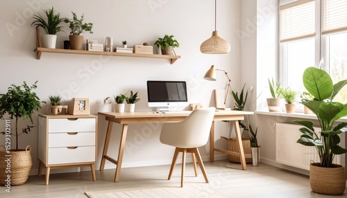 Serene home office setup with natural light and calming indoor plants decor