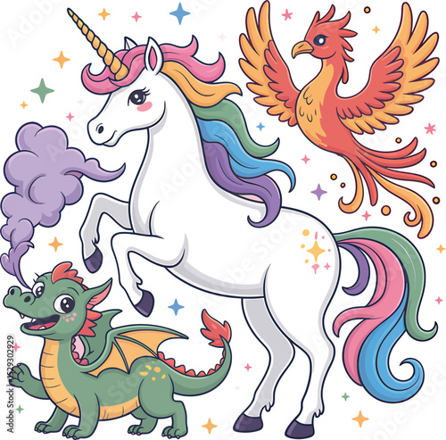 Cartoon fantasy illustration featuring a unicorn phoenix and a friendly green dragon in a whimsical style