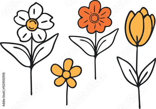 Set of four simple hand drawn flowers with leaves vector illustration isolated on white background concept for print web design banner poster sticker card textile design and social media posts