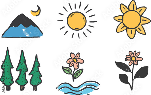 Hand-drawn nature elements vector set with mountain sun moon trees flowers and water waves perfect for nature designs kids illustrations and environmental projects