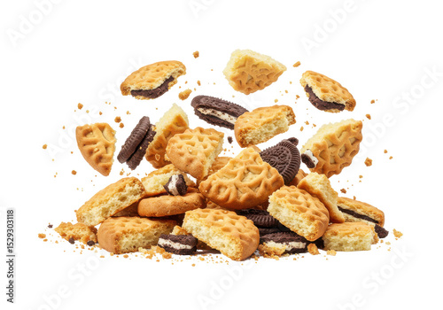A vibrant pile of assorted cookies, including waffles and chocolate-filled treats, with crumbs scattered around, creating a delicious, inviting scene