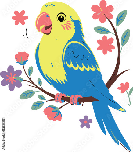 Cheerful cartoon parrot perched on a branch surrounded by colorful blooming flowers