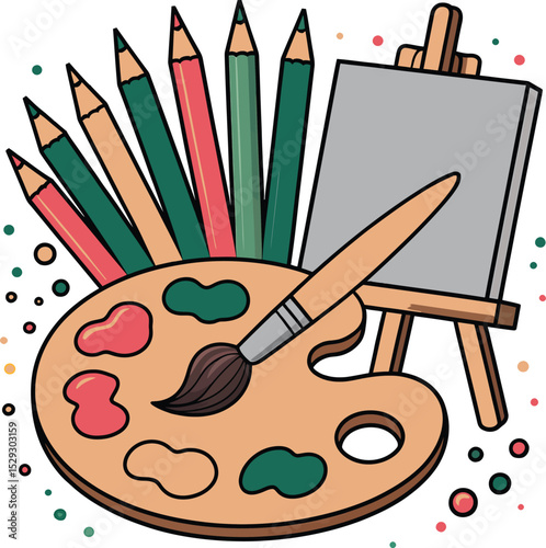 Colorful artistic illustration featuring palette pencils easel and paintbrush tools for creativity