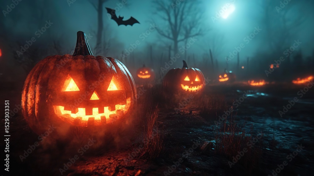 Naklejka premium Three Glowing Halloween Pumpkins in the Dark