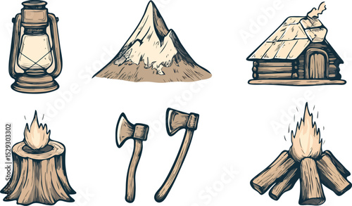 Hand Drawn Camping and Outdoor Adventure Icons Set with Lantern, Mountain, Cabin, Campfire, Axes, and Stump Vector Illustration Isolated on White Background