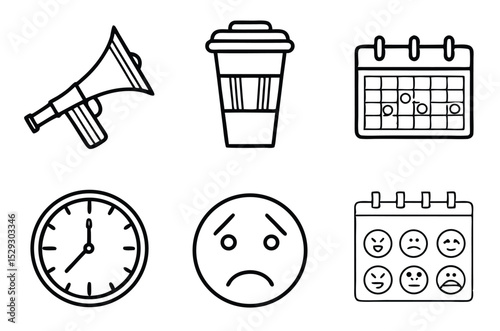 Outline Icon Set – Time, Emotions, Traffic, and Events Vector Collection