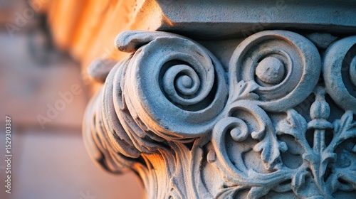 Ornate stone column capital detail, intricate carvings, sunlight highlights.