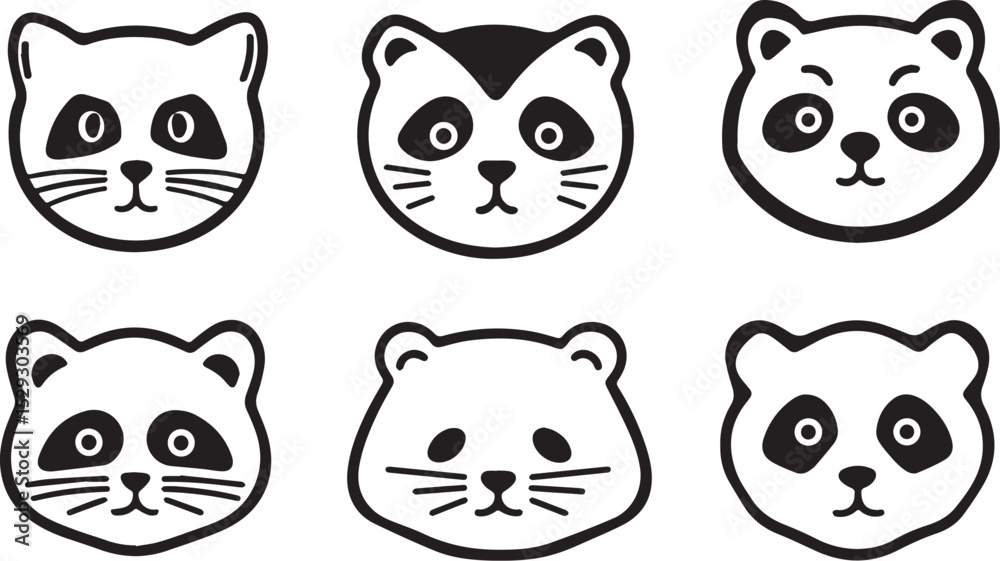 Obraz premium Set of Cute Animal Faces Cat Raccoon and Panda Bear Vector Illustrations Ideal for Childrens Books Logos and Apparel Design