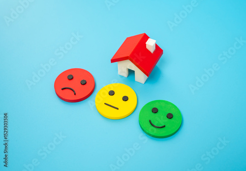 House and three mood emojis. Housing evaluation. Rent and booking. Reviews and feedback. Property evaluation, booking platforms, rental satisfaction, or user-generated housing ratings.
