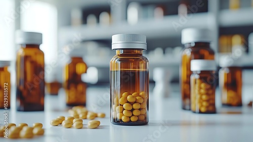 bottles of pills and capsules on a counter in a pharmacy room photo