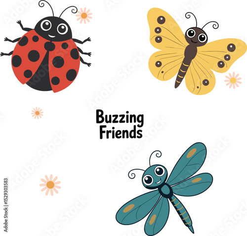 Cute cartoon ladybug butterfly and dragonfly illustration for children's education and design projects