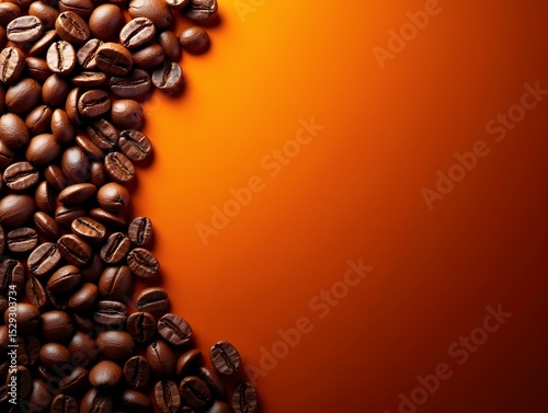 Roasted coffee beans creating textured background with warm orange gradient, with copy space