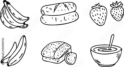 Hand Drawn Doodle Breakfast Food Icon Set with Bananas Bread Strawberries and Oatmeal Vector Illustration Isolated on White Background for Menu Cafe Restaurant Recipe Book Design and More