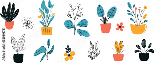 Set of Trendy Hand-Drawn Potted Plants and Flowers Vector Illustration for Home Decor Garden Design Botanical Prints and Nature-Inspired Projects