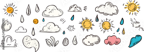 Set of hand drawn weather emoticons sun cloud rain drop wind and leaf vector illustration isolated on white background concept for print web design banner poster sticker card and textile design
