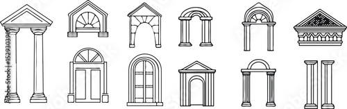 Set of Antique Architectural Elements Columns Arches and Doors Hand Drawn Vector Illustration Isolated on White Background for History Architecture and Design Projects
